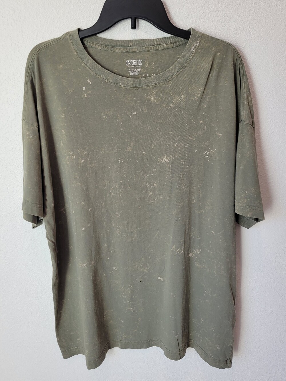 Victoria’s Secret PINK One Size Oversized Acid Wash Tee Olive Green Grunge
